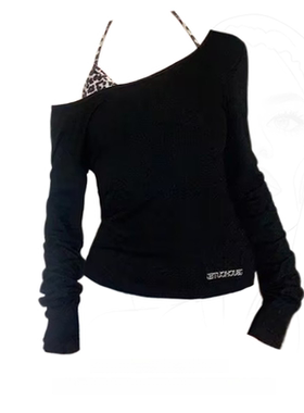 大码女装蕾丝拼接不对称收腰一字领斜肩两穿针织衫假两件套上衣秋