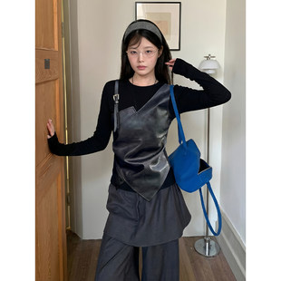 显瘦修身 T恤女早春季 气质打底上衣潮 胖MM黑色假两件掐腰长袖 大码