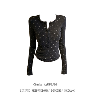 女秋季 针织衫 内搭打底上衣 胖mm韩系慵懒风碎花磨毛亨利领长袖 大码