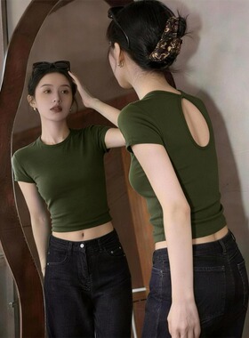 大码辣妹性感镂空露背短袖T恤女2026夏季绿色修身显瘦设计感上衣