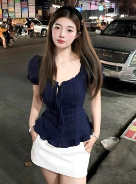 大码藏蓝色蝴蝶结蕾丝花边短袖衬衫女2025夏季新款纯欲风显瘦衬衣