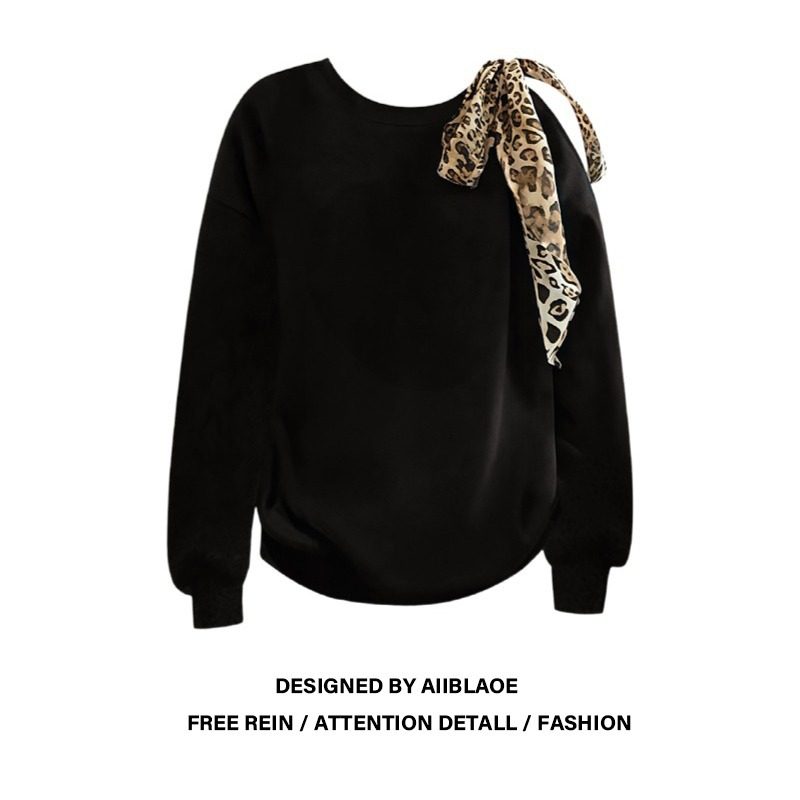大码胖mm美式复古豹纹丝巾系带圆领卫衣女秋冬季气质露肩长袖上衣,女装/女士精品,大码内搭,淘宝优惠券,粉丝福利购,淘宝优惠卷
