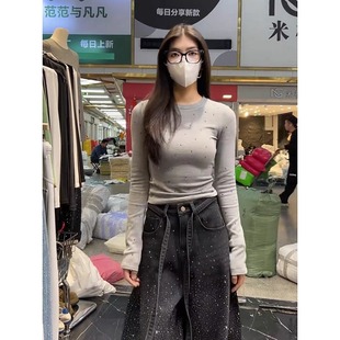 加绒磨毛上衣 胖mm正肩长袖 大码 休闲风圆领重工烫钻T恤女秋冬新款