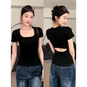 T恤女2026春夏新款 大码 胖mm辣妹风U领后背镂空短袖 气质百搭上衣