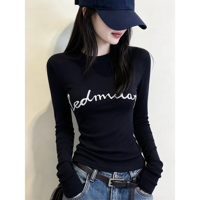 大码胖MM韩系黑色圆领长袖T恤女秋冬季2026新款修身百搭气质上衣