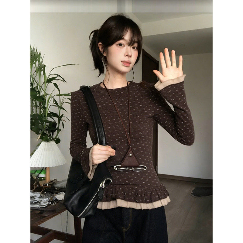 大码胖mm复古圆领碎花磨毛长袖t恤女秋冬双层花边喇叭袖内搭上衣,女装/女士精品,大码内搭,淘宝优惠券,粉丝福利购,淘宝优惠卷