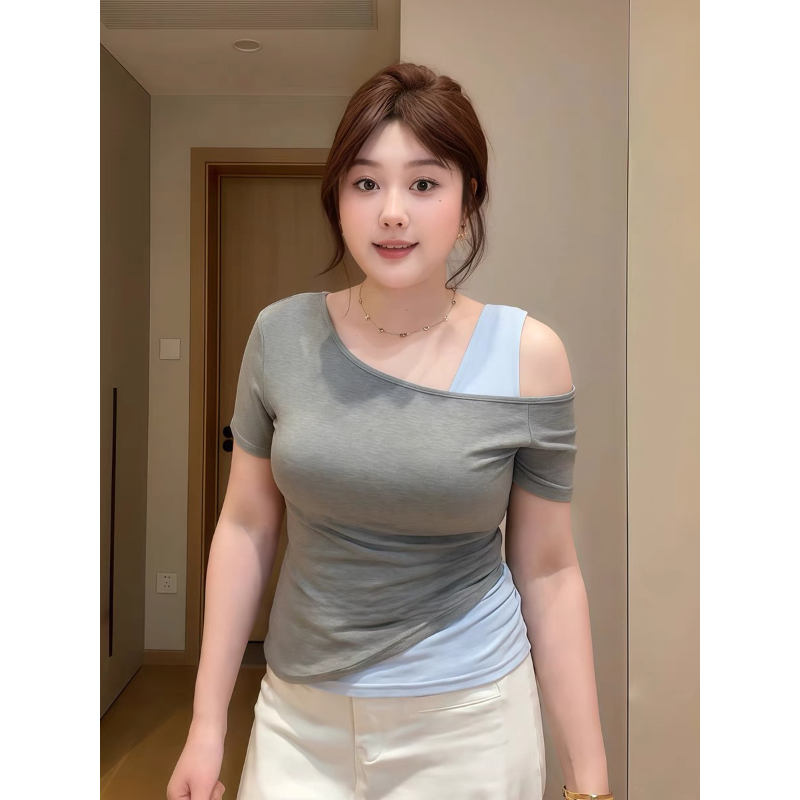 大码女装纯欲风斜领露肩短袖t恤夏季胖MM时尚修身显瘦假两件上衣