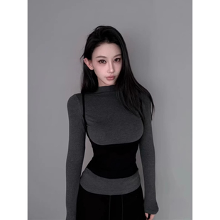 秋冬辣妹修身 大码 假两件上衣女装 复古设计感长袖 显瘦T恤 胖MM美式