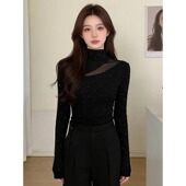 胖mm黑色半高领长袖 t恤女2026新款 秋冬修身 大码 显瘦打底衫 上衣潮