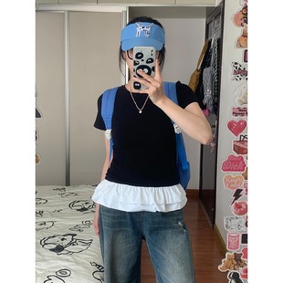 百搭显瘦上衣 大码 韩系芭蕾风花边下摆圆领短袖 t恤女2025夏季 修身