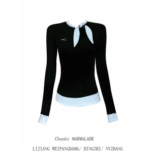 胖mm美式 修身 时尚 T恤女秋季 显瘦正肩内搭上衣潮 波点系带长袖 大码