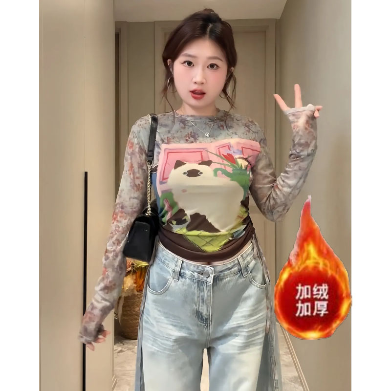 大码胖MM卡通小猫印花长袖T恤女秋冬新款百搭加绒加厚休闲上衣女