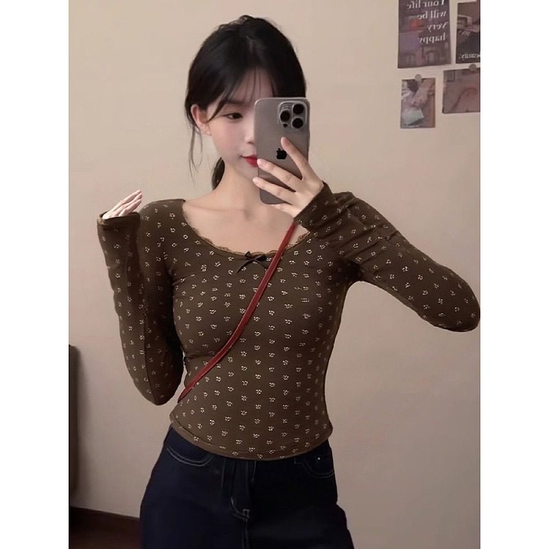 大码胖mm碎花u领蝴蝶结长袖T恤女秋冬季显瘦修身气质正肩辣妹上衣,女装/女士精品,大码内搭,淘宝优惠券,粉丝福利购,淘宝优惠卷