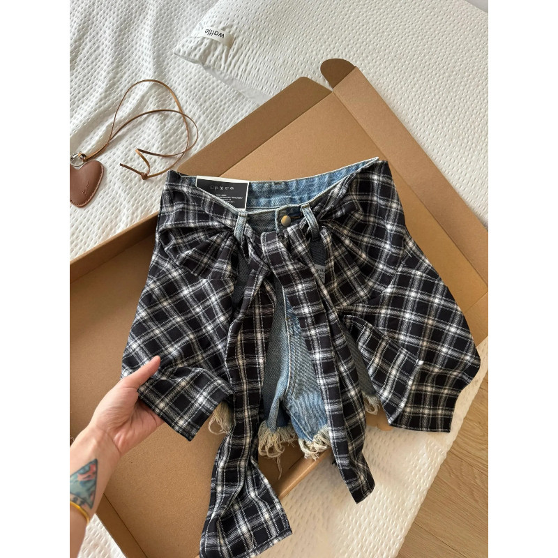 大码胖mm美式格子屁帘牛仔短裤女夏季紧身超短裤辣妹热裤两件套潮