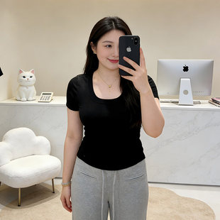 胖mm修身 t恤女2026春夏新款 显瘦内搭上衣 韩系u领正肩黑色短袖 大码