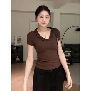 新款 大码 T恤夏季 胖mm美式 气质显瘦百搭上衣 复古风木耳花边v领短袖