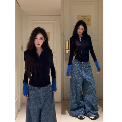 秋季辣妹撞色拼接长袖T恤女