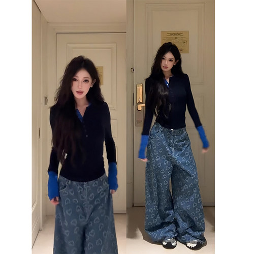 秋季辣妹撞色拼接长袖T恤女