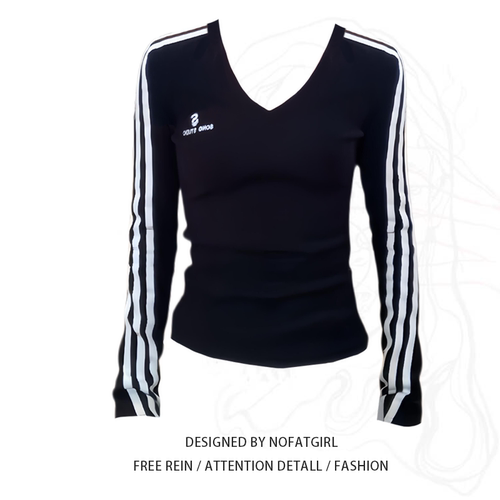 美式正肩V领三条杠长袖T恤