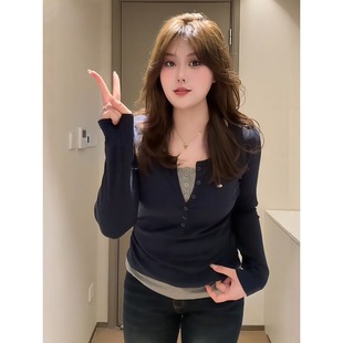 微胖mm时尚 T恤女秋季 气质撞色上衣 韩系假两件设计感显瘦长袖 大码