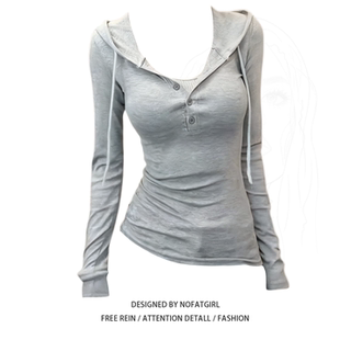 大码胖妹妹韩系辣妹风简约连帽上衣女秋季新款修身显瘦T恤打底衫