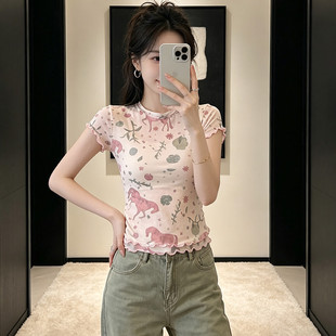 大码胖mm韩系杏色木耳边印花短袖t恤女夏季修身微透显瘦绝美上衣