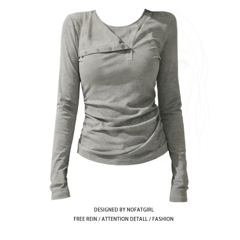 大码胖MM设计感假两件长袖T恤女纽扣修身时尚气质内搭打底衫上衣,女装/女士精品,大码内搭,淘宝优惠券,粉丝福利购,淘宝优惠卷