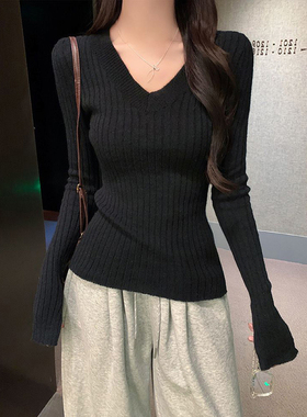 大码胖mmv领长袖针织衫女秋冬韩系修身显瘦内搭打底毛衣气质上衣