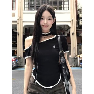 大码 胖mm设计感纯欲小众不规则绝美上衣 高级感斜肩短袖 t恤女夏季