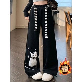 大码可爱猫咪加绒卫裤女秋冬款黑色裤子胖mm宽松阔腿休闲运动长裤
