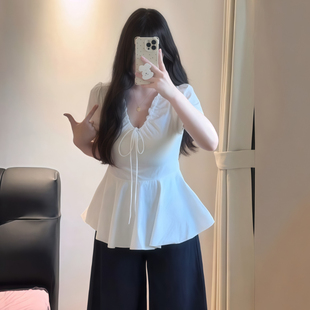 女装 衬衫 大码 韩系V领短袖 上衣 女夏季 微胖MM宽松显瘦衬衣抽绳小衫