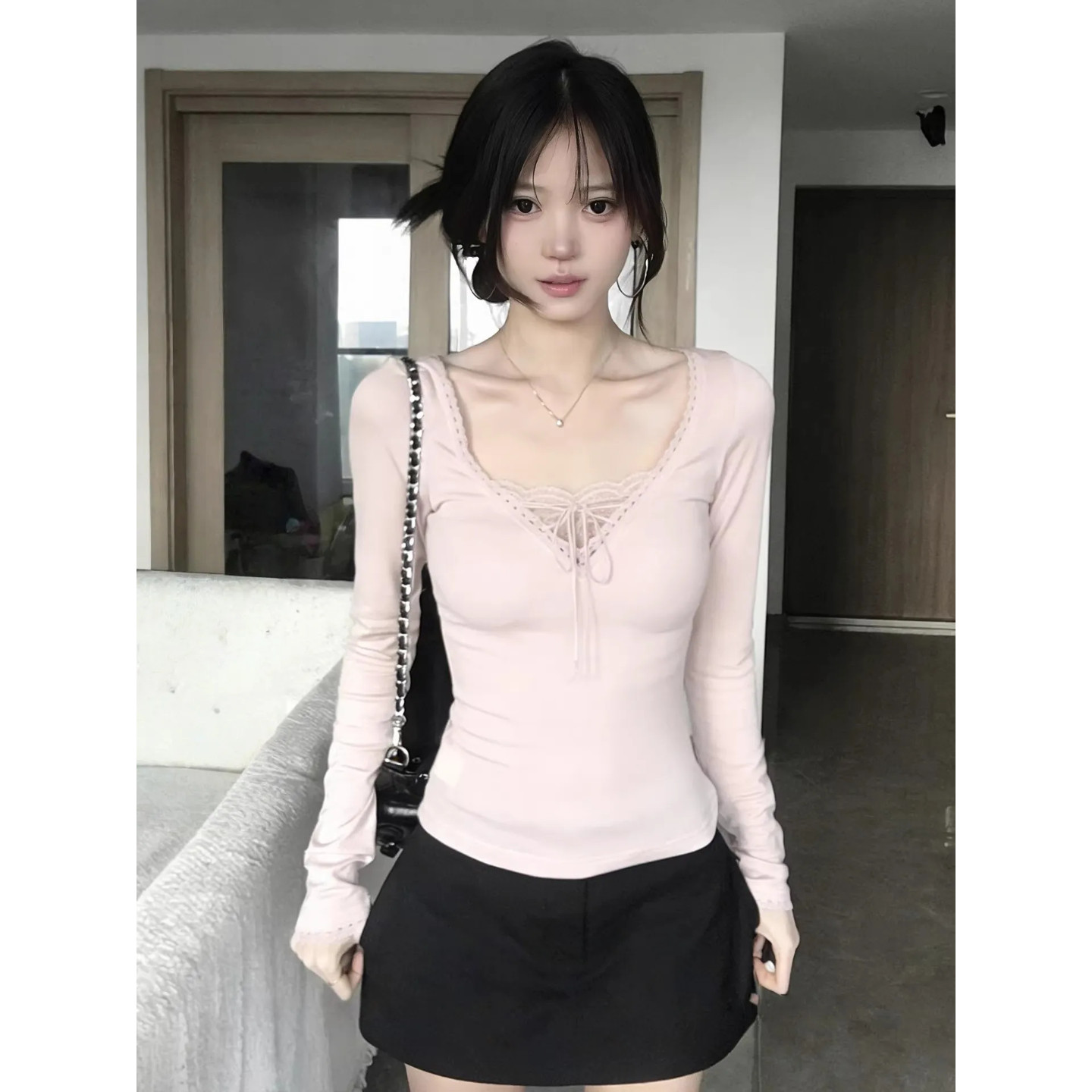 大码胖mm粉色绑带V领假两件长袖T恤女秋冬甜辣妹修身打底衫上衣潮,女装/女士精品,大码内搭,淘宝优惠券,粉丝福利购,淘宝优惠卷