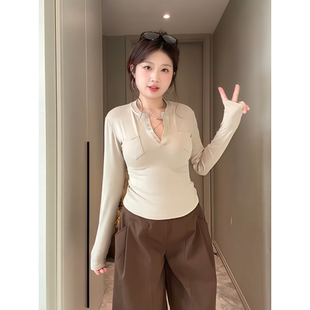 正肩显瘦气质长袖 大码 新款 纯欲风设计感T恤2025秋季 上衣 胖MM美式