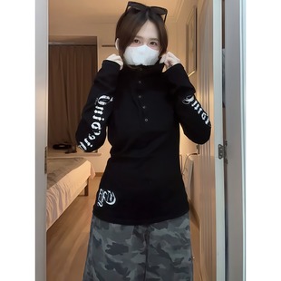 新款 大码 T恤女秋季 字母印花连帽长袖 显瘦街头设计感上衣 胖MM美式