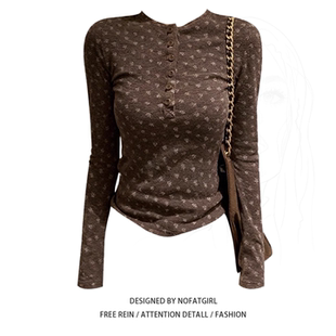 大码胖mm韩系休闲风圆领棕色长袖打底衫秋冬新款修身显瘦T恤上衣