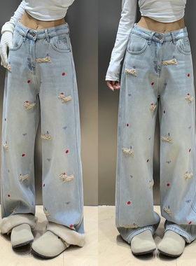 圣诞小狗牛仔裤女冬大码胖mm加绒加厚阔腿裤刺绣阔腿裤显瘦拖地裤