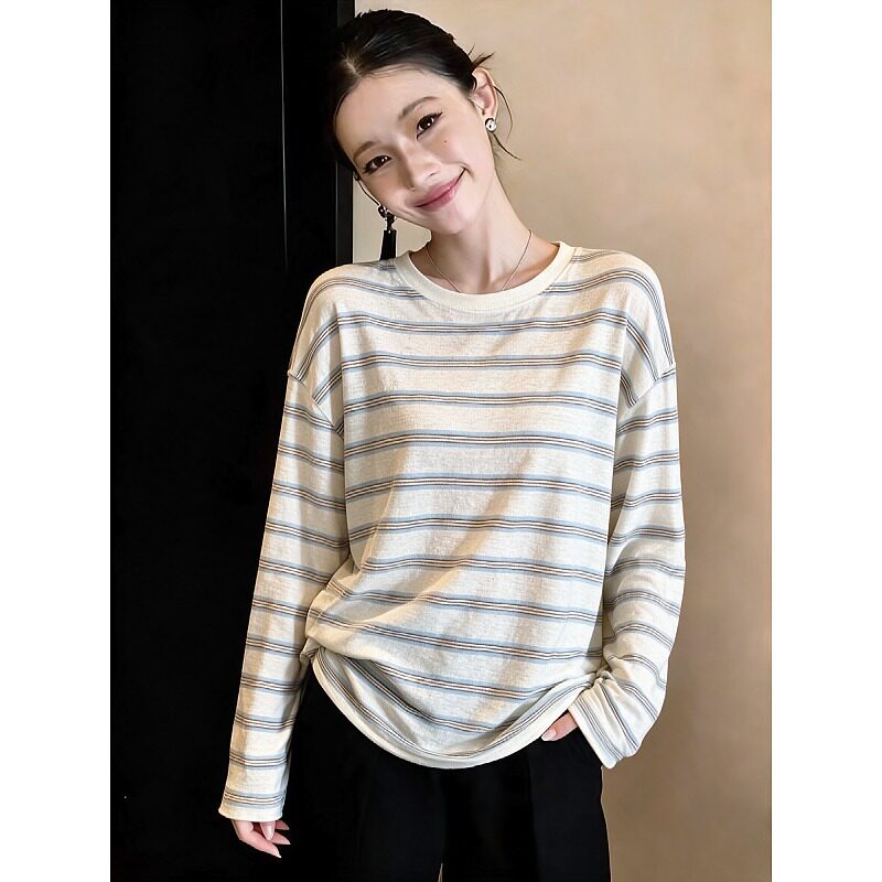 大码胖MM韩系条纹长袖t恤女2026新款秋季圆领休闲打底衫内搭上衣