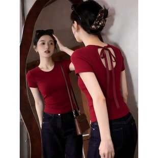 大码胖mm圆领后背镂空短袖T恤女夏季红色正肩显瘦修身辣妹风上衣