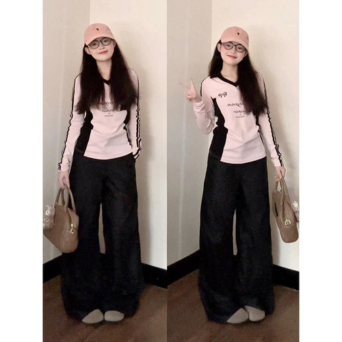 美式拼接撞色字母v领长袖t恤