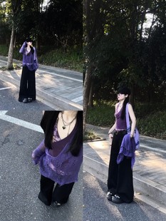 大码胖mm美式辣妹设计感破洞针织衫女夏不规则拼接挂脖背心两件套