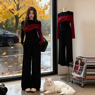 大码法式辣妹风拼色长袖t恤女秋冬季胖mm加绒磨毛气质不对称上衣