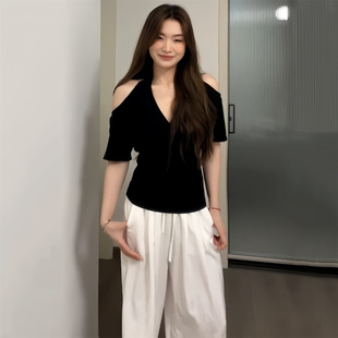 胖mm韩版 t恤女2025夏季 大码 挂脖露肩短袖 别致上衣 新款 设计感修身