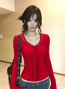 大码胖mm红色拼接网纱V领系带长袖T恤女早春气质辣妹内搭打底上衣