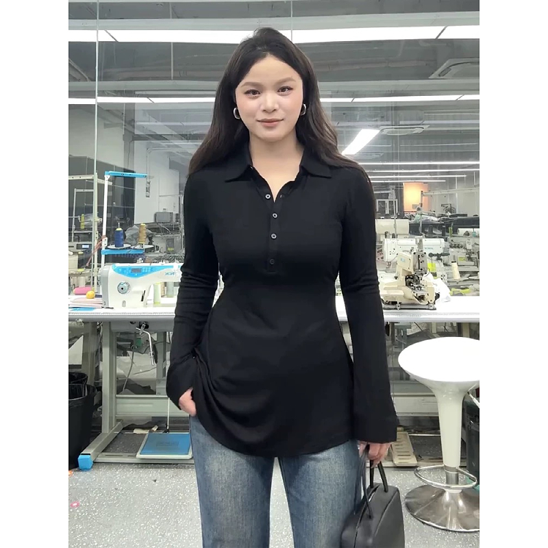 大码胖mmpolo领长袖T恤2025秋收腰显瘦高级感气质内搭打底上衣女