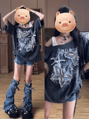 下体失踪不规则露肩抽绳宽松显瘦短袖 大码 胖mm夏季 T恤百搭上衣女