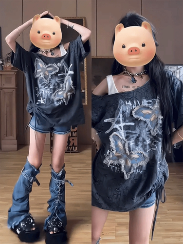 露肩抽绳宽松显瘦短袖T恤