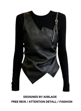 大码胖mm拼接假两件长袖T恤女早春季2026新款设计感显瘦气质上衣