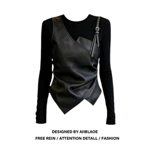 2026新款 T恤女早春季 设计感显瘦气质上衣 胖mm拼接假两件长袖 大码