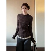 双层花边打底衫 大码 辣妹上衣 t恤女冬季 显瘦修身 胖mm美式 碎花长袖