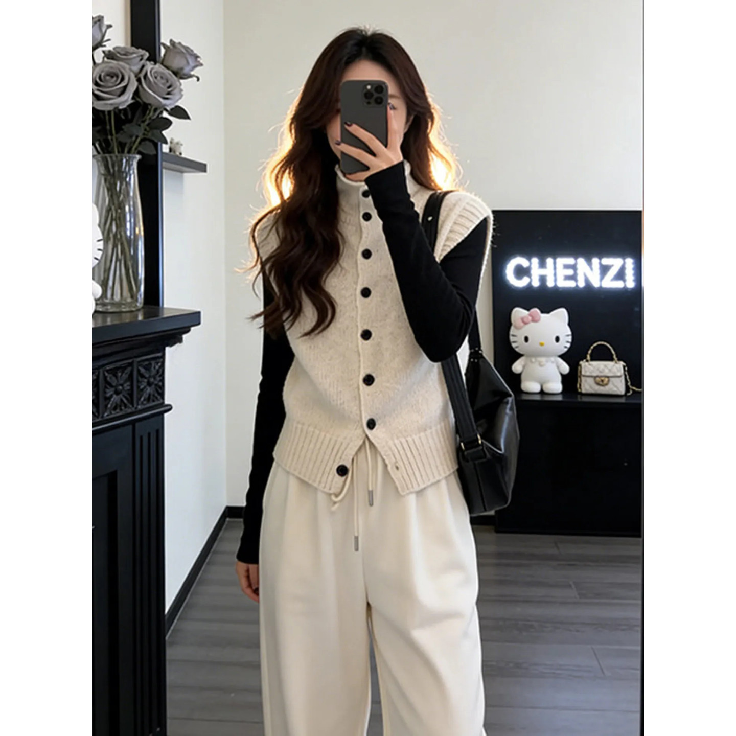 韩系高领单排扣无袖针织马甲女秋冬内搭修身T恤时尚极简风两件套,女装/女士精品,大码套装,淘宝优惠券,粉丝福利购,淘宝优惠卷